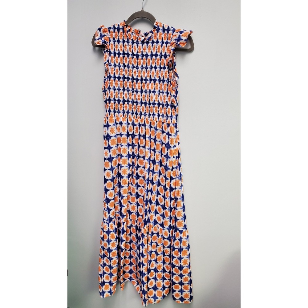 LOFT Dress Womens Size 4 Tie Dye Maxi Smocked Ruffle Sleeve ‎ Casual Blue/Orange